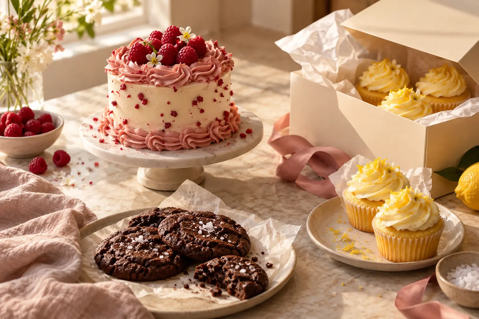 Raspberry celebration cake, lemon cupcakes, and chocolate cookies arranged on a sunlit bakery counter